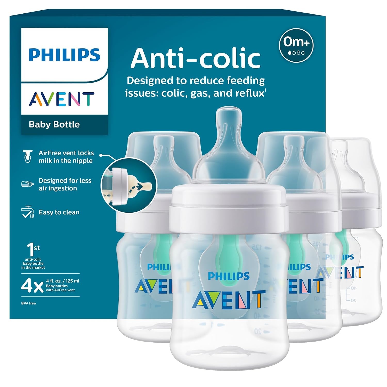 image:imageBundle of Philips Avent AntiColic Baby Bottle with AirFree Vent 9oz 4pk Clear SCY70304 Philips Avent Soothie 03 Months Orthodontic Baby Pacifiers BPAFree Green 4 Pack Model SCF19041Clear