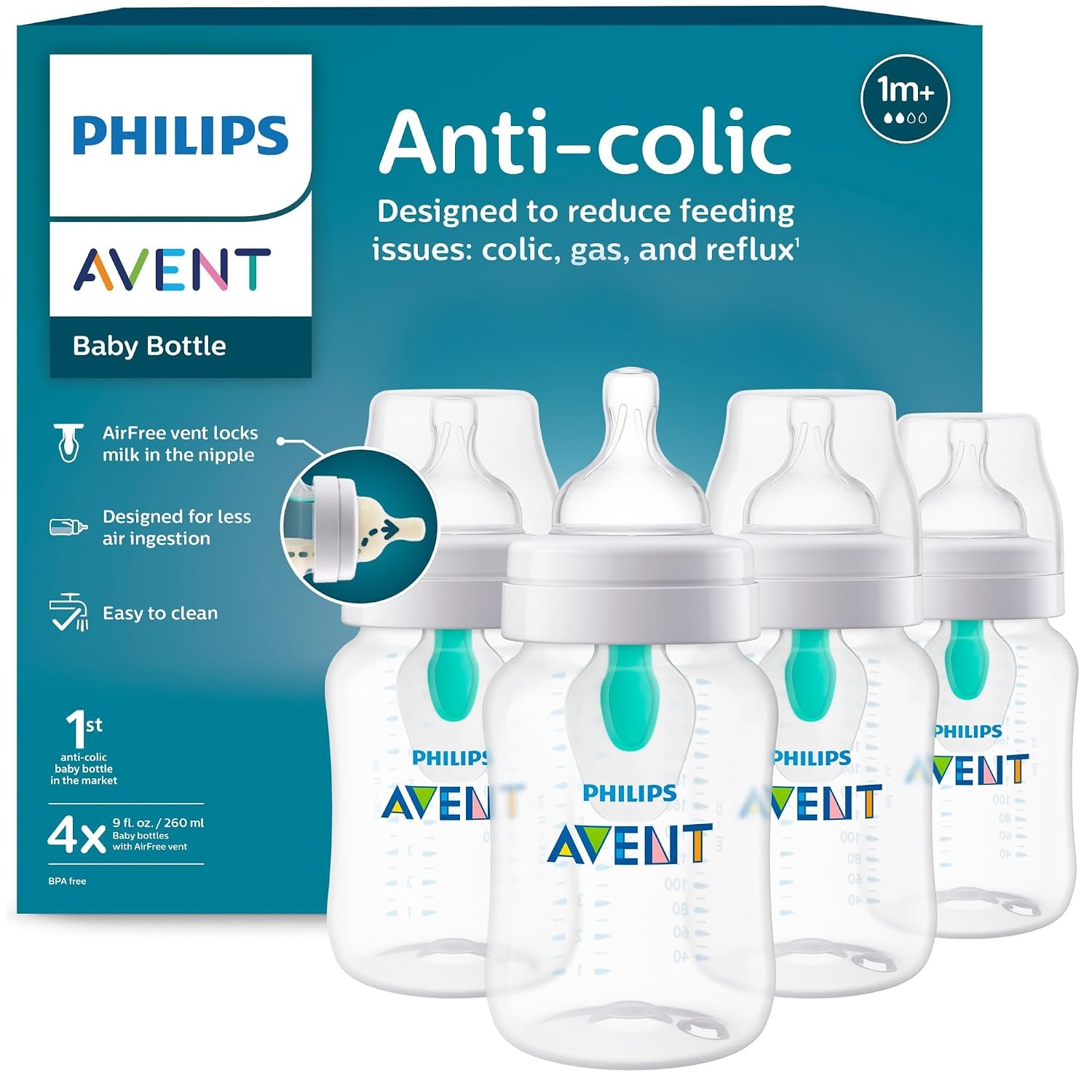 image:imageBundle of Philips Avent AntiColic Baby Bottle with AirFree Vent 9oz 4pk Clear SCY70304 Philips Avent Soothie 03 Months Orthodontic Baby Pacifiers BPAFree Green 4 Pack Model SCF19041Clear