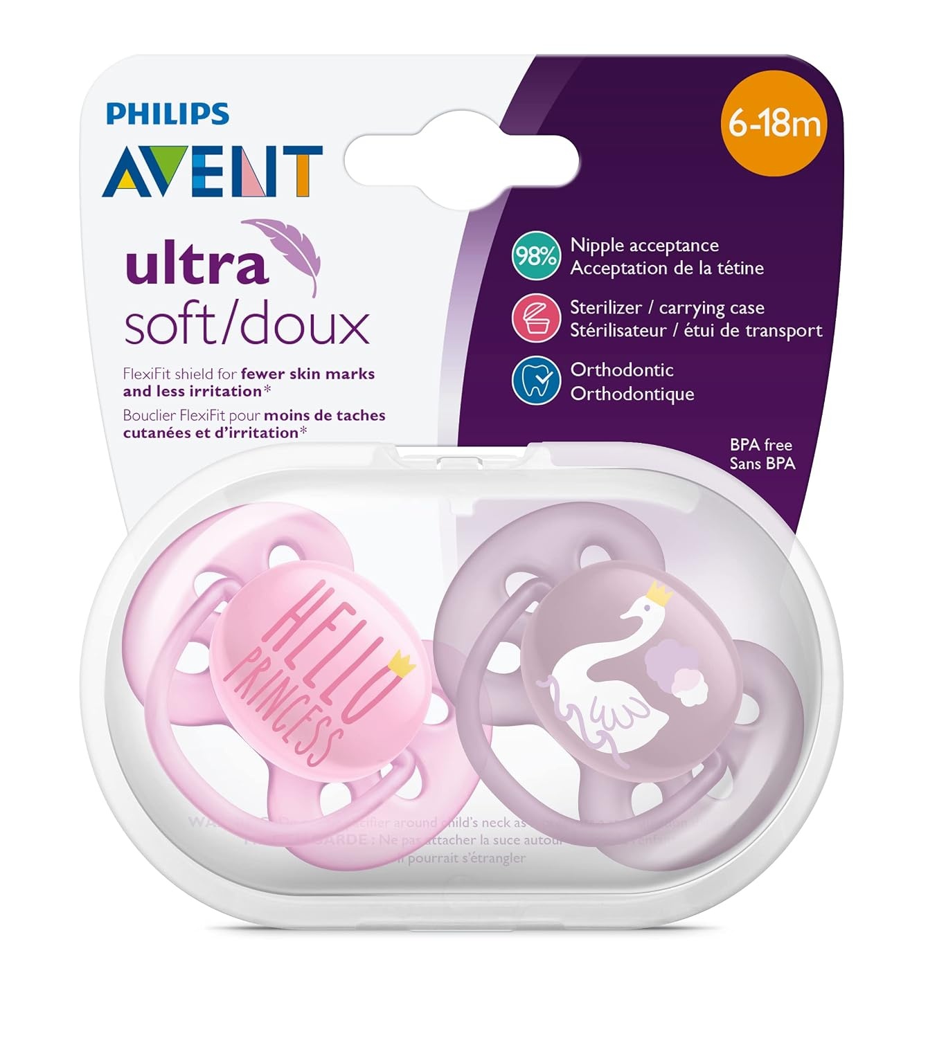 image:imagePhilips AVENT Ultra Soft Pacifier 06 Months Dreams and Happy Designs 4 Pack WhiteGreen SCF22243PrincessSwans