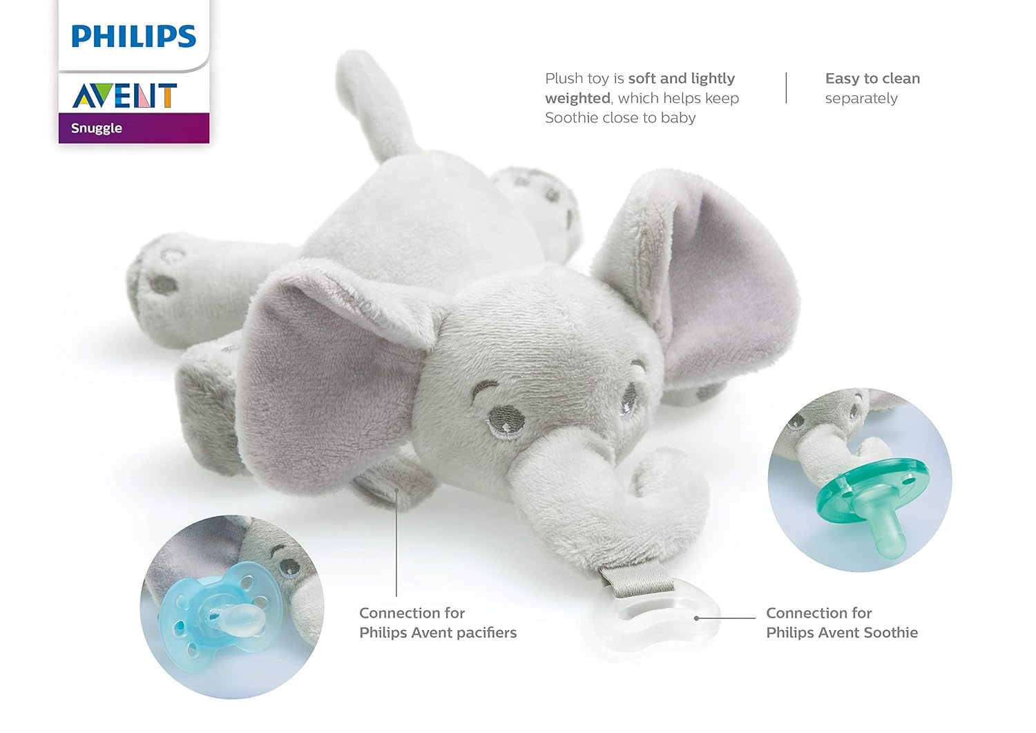 image:imagePhilips Avent Soothie Snuggle Pacifier Holder with Detachable Pacifier 0mElephant
