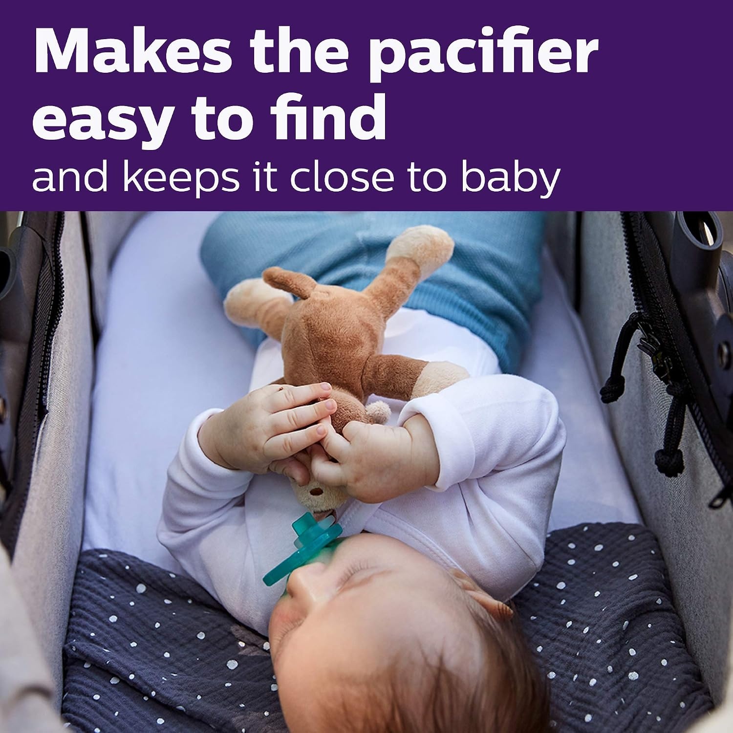 image:imagePhilips Avent Soothie Snuggle Pacifier Holder with Detachable Pacifier 0mMonkey