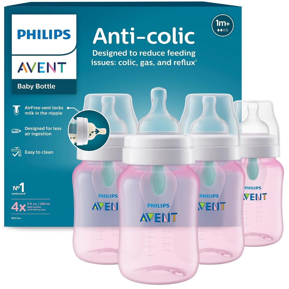 image:imageBundle of Philips Avent AntiColic Baby Bottle with AirFree Vent 9oz 4pk Clear SCY70304  Philips Avent Soothie 03 Months Orthodontic Baby Pacifiers BPAFree Green 4 Pack Model SCF19041Pink